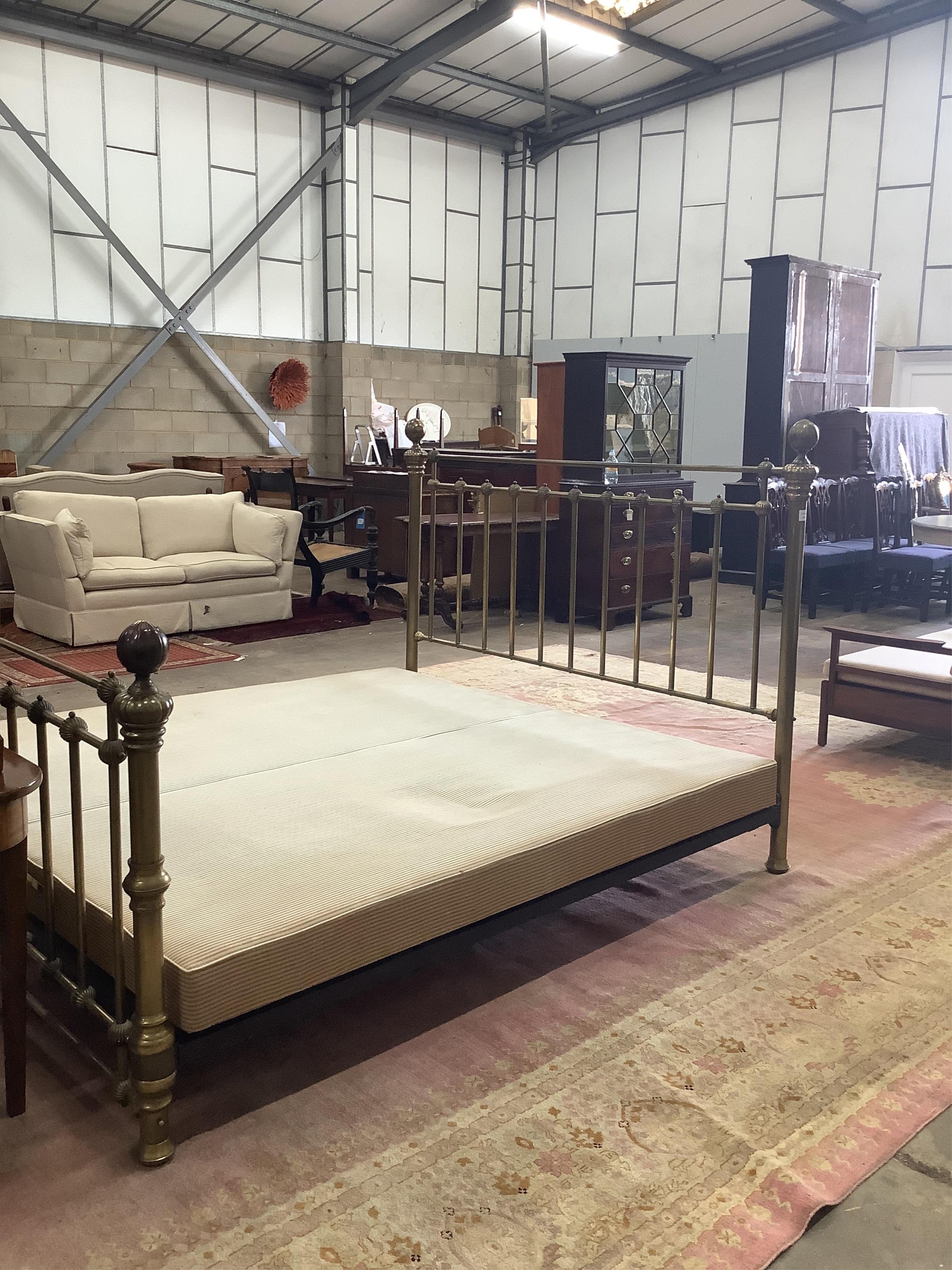 A Victorian style 'And So To Bed', brass double bed frame, width 184cm, length 210cm, height 137cm. Condition - good